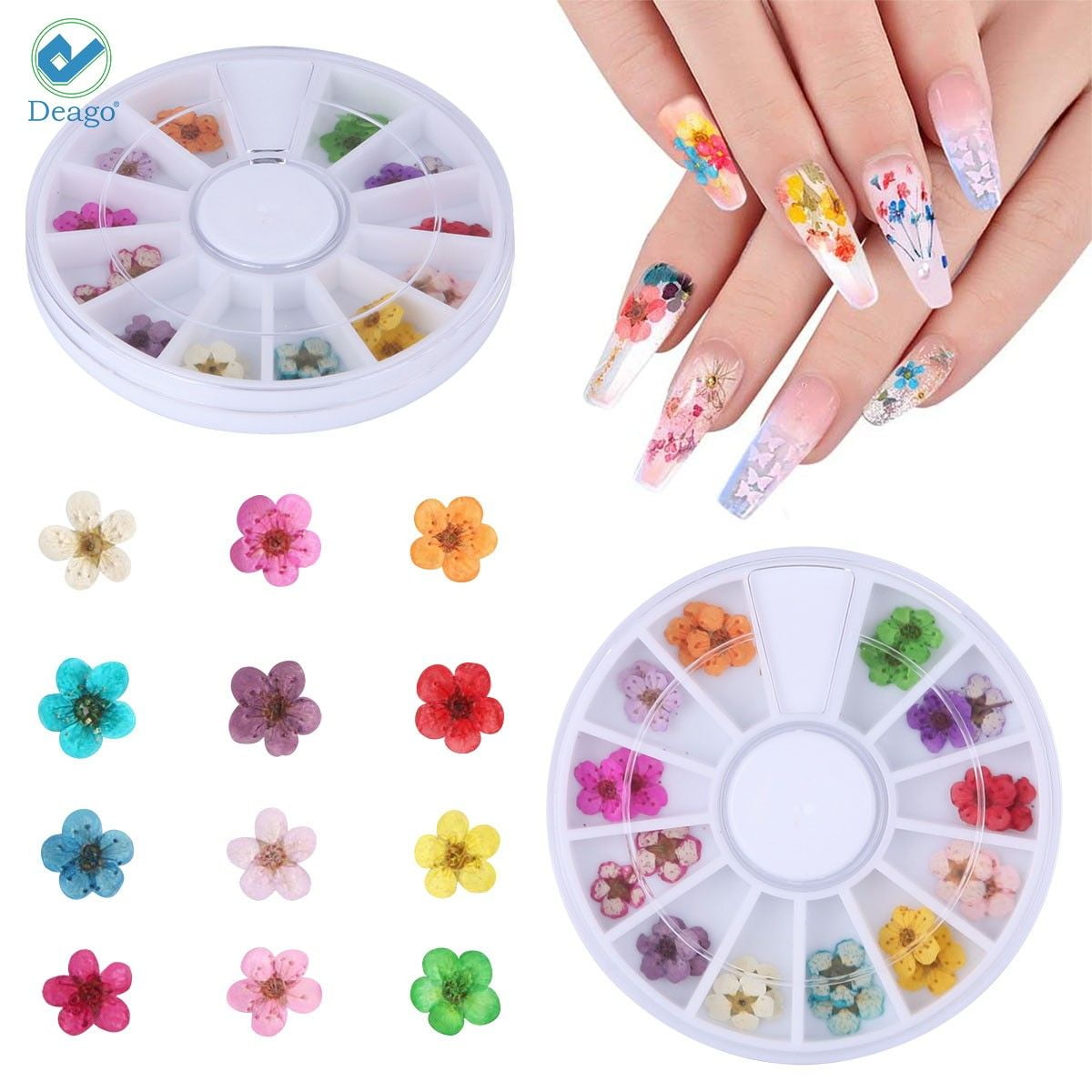 Deago Dried Flowers for Nail Art,12 Colors Dry Flowers Mini Real Natural Flowers  Nail Art Supplies 3D Applique Nail Sticker for Tips Manicure Decor 