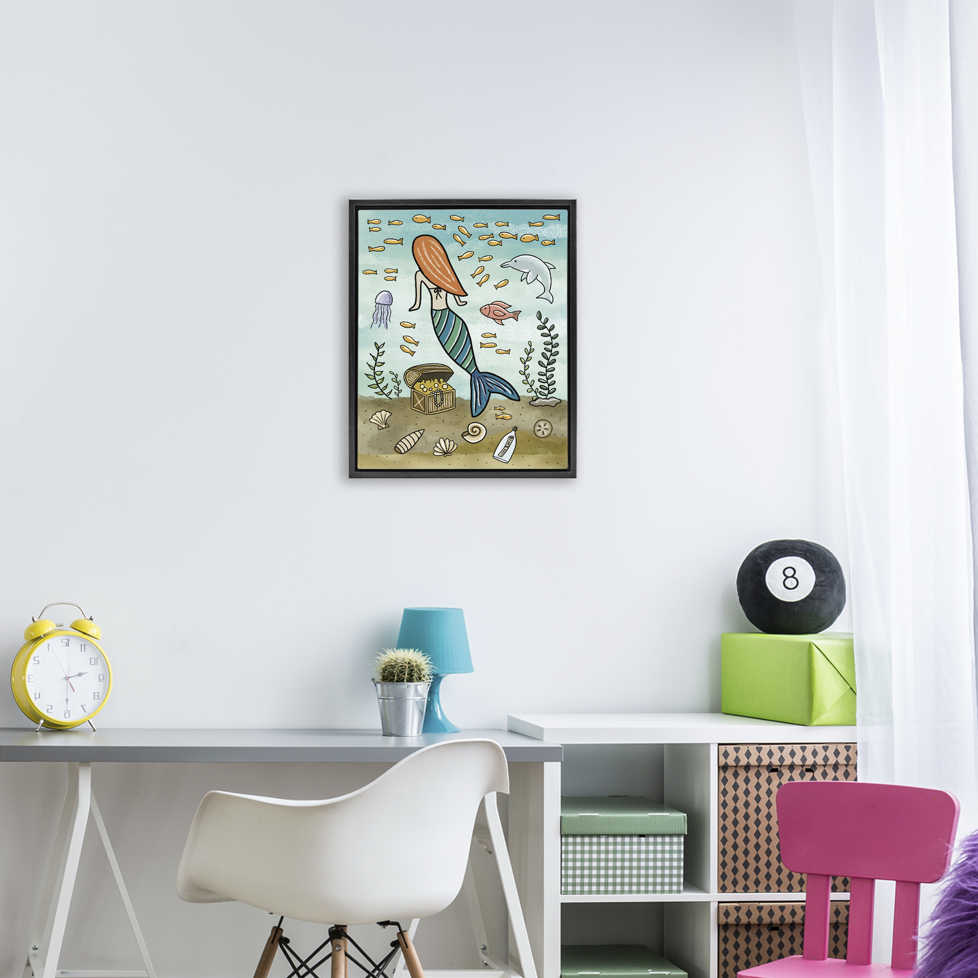 Mermaid Treasure Love Note Black Framed Floater Canvas Wall Art, design by Jennifer Stith