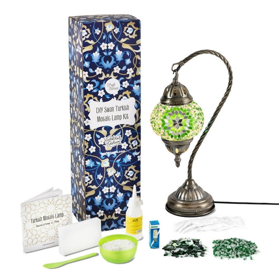 KRAFTSTORIES Turkish Mosaic Swan Neck Lamp Making Kit| DIY Colorful Glass Decorative Nightstand Table Light| Craft Kit |Make Your Own Lamp | Living Room Bedroom | Antique Bronze Base (Green)