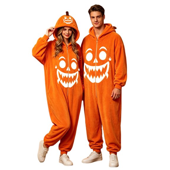 Curuila Halloween Adult Jumpsuit Flannel Hallowmas Pumpkin Hooded Pajamas For Women And Men Party Comfortable Sleepwear Jumpsuit Size L