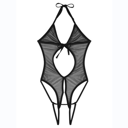 

〖Roliyen〗Lingerie For Women 1 Piece Backless Mesh Bodysuit Halter Neck Lace Up Sheer Babydoll Teddy Nightie Lace Up Lingerie Fishing Net Underwear Sleepwear Steel Ring Pajamas Gart
