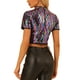 thumbnail image 3 of INSPIRE CHIC Top corto de lentejuelas para mujer, brillo navideño, camiseta brillante de manga corta, blusa de club, arcoíris L, 3 of 6
