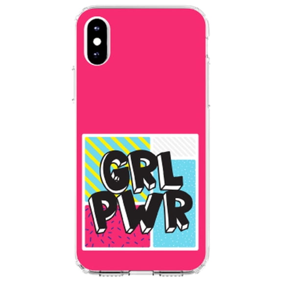 DistinctInk Clear Shockproof Hybrid Case for iPhone XS Max (6.5" Screen) - TPU Bumper, Acrylic Back, Tempered Glass Screen Protector - Girl Power - GRL PWR - Pink Background