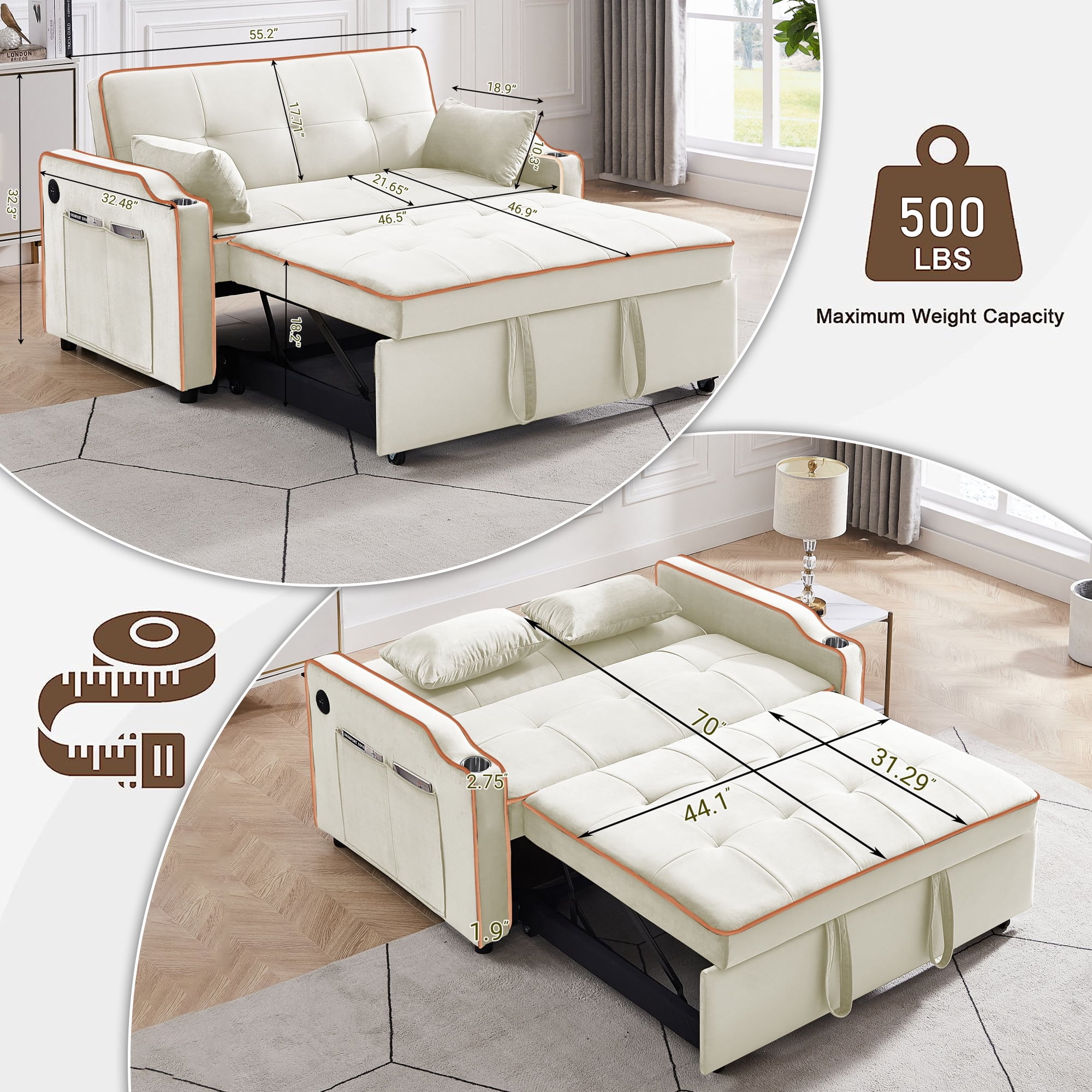 Momspeace Futon Sleeper Sofa Bed with Pull Out Bed, Convertible Sofa Couch Loveseat with Cup Holders and USB Port for Living Room - Cream White