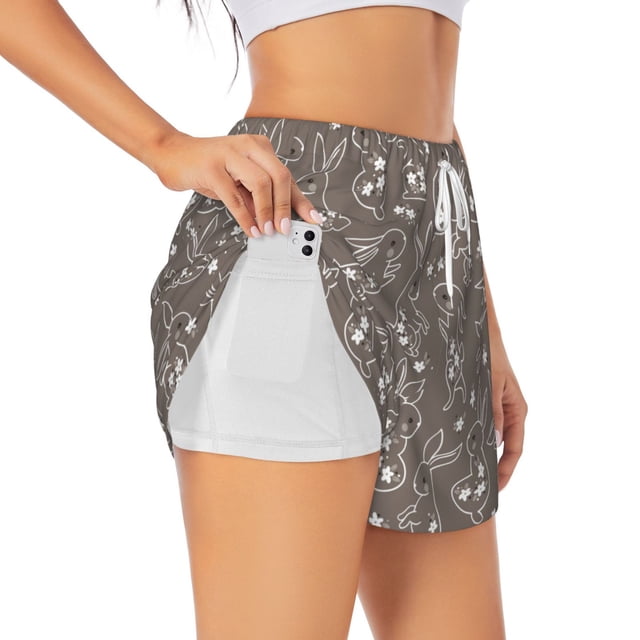 Balery Retro Bunny Pantalones cortos deportivos para mujer con forro y dos bolsillos, elásticos, para entrenamiento, gimnasio, yoga-Large