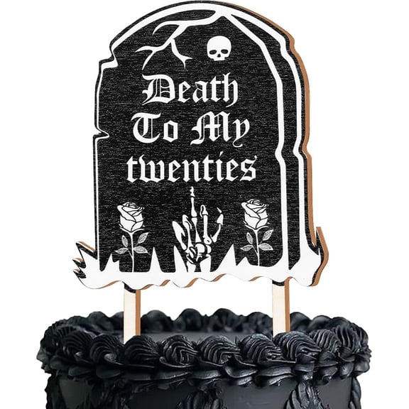 Death to My Twenties Wooden Cake Topper, Rip 20s Happy Birthday Gothic Rose Skull Decorations, Halloween Gothic Theme 30 Years Old Party Cake Supplies