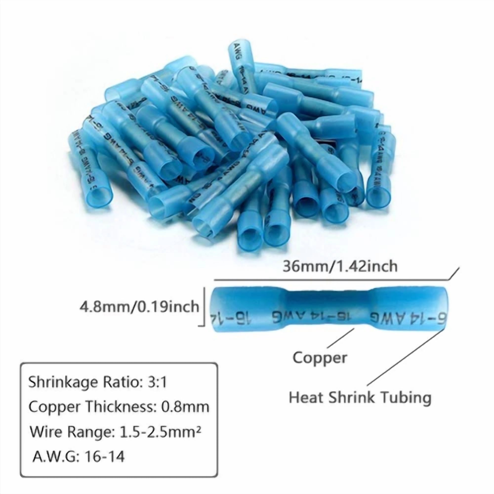 Blue Heat Shrink Butt Wire Connectors Crimp Terminals AWG 16-14 Gauge US