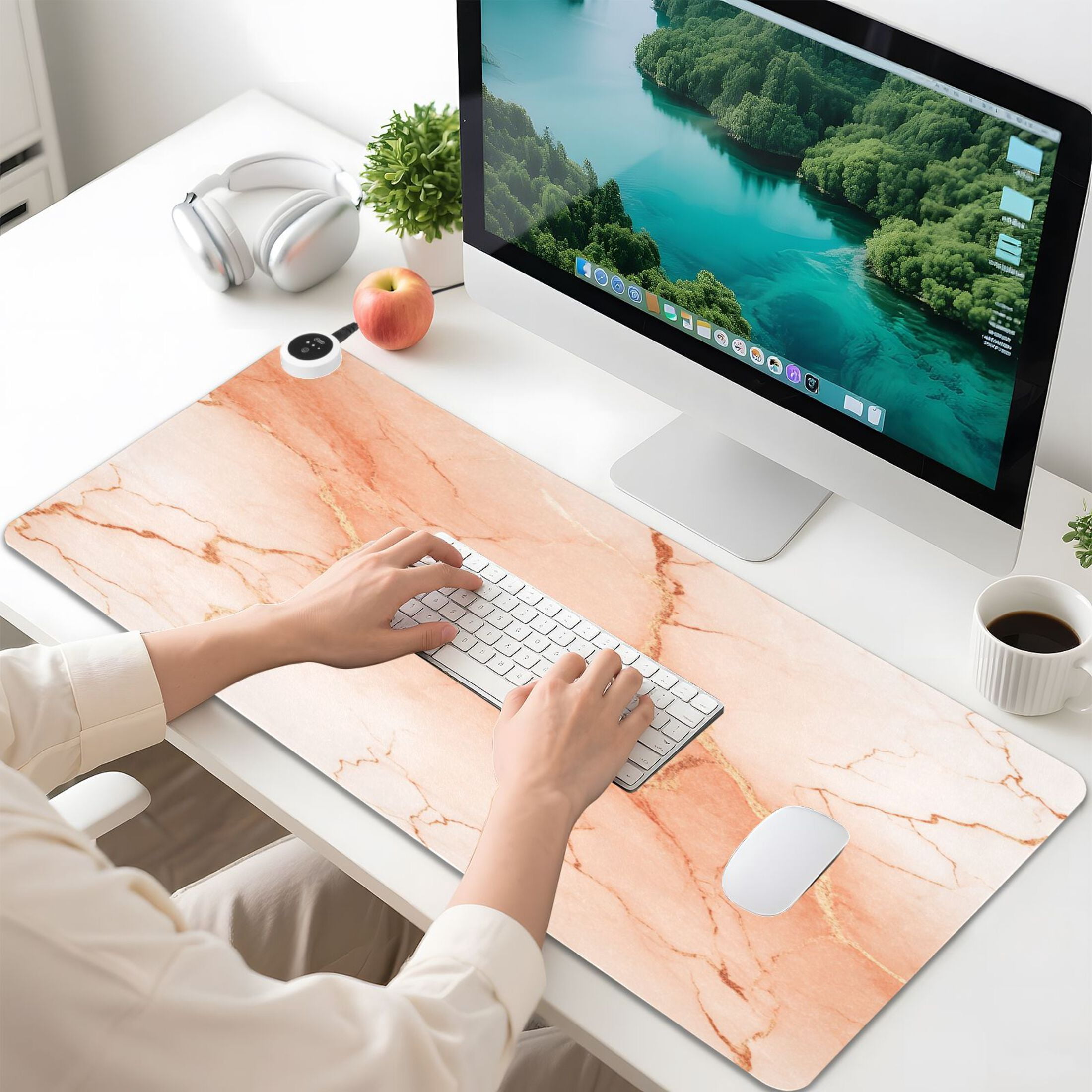 Large Heated Desk Mat Mouse Pad 31.5"x13"PU Leather Graphene Heating Desk Warmer with 3 Temperature Settings 110V US Plug Non-Slip Warm Pad for Home, Office, and Gaming Light Orange Marble Crack