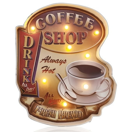 1pc Coffee Sign Wall Hanging Coffee Wall Decor Vintage Metal Signs LED Lights Coffee Shop Decor Kitchen Diner Office Living Room Decorations Battery Operated Luminous Signs On The Wall