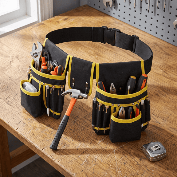 Tool Belt with 27 Pockets and 3 Magnetic Zones - Modular Heavy Duty Tool Pouch for Electricians and Carpenters, Yellow