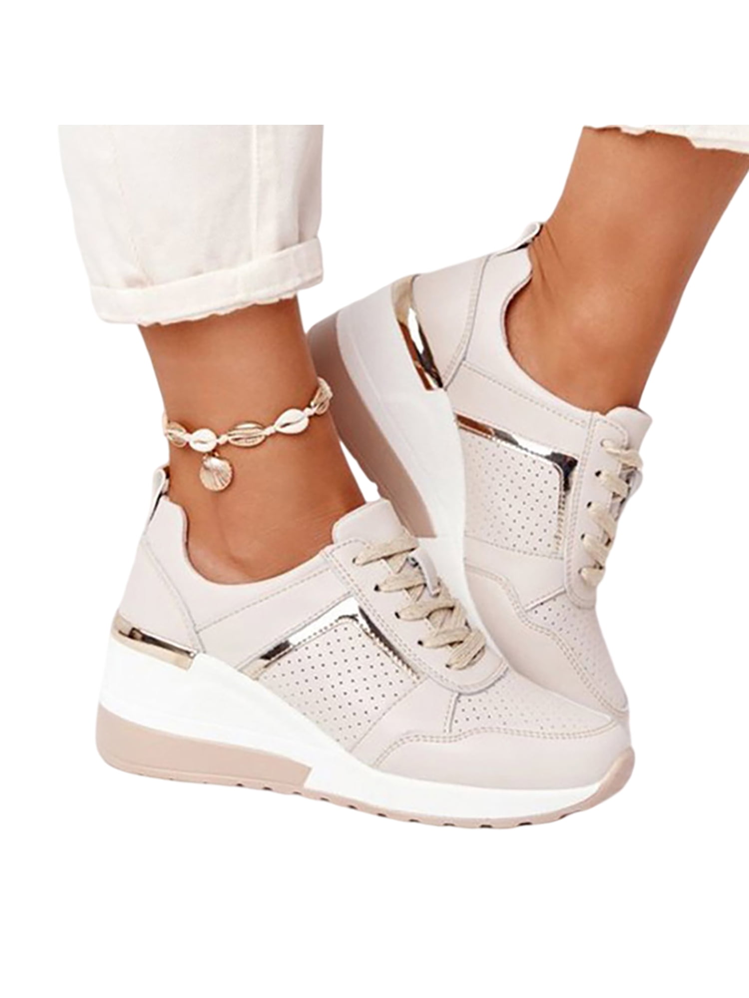Womens Trainer Rivets Hidden Wedge Heel  Leisure High Top Shoes Lace Up Sneakers 