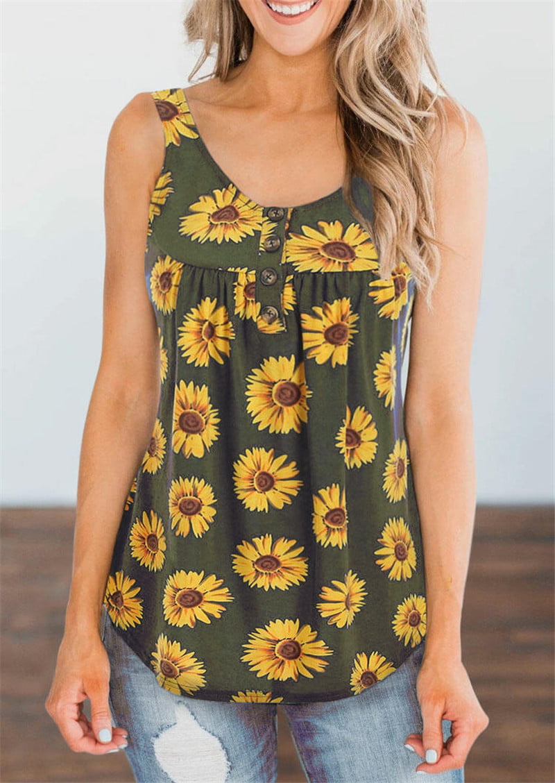 KYLEON Tank Tops for Women Women Sunflower Printed Tshirt Sleeveless Casual Workout Blouse Summer Tee Tops