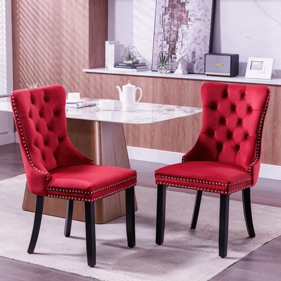 Classic Velvet Dining Chairs Set of 2, Tufted Upholstered Dining Room Chairs with Solid Wood Legs, Decorative Nailhead Trim, High Density Foam Cushion, Contemporary Accent Side Chairs, Burgundy Wine