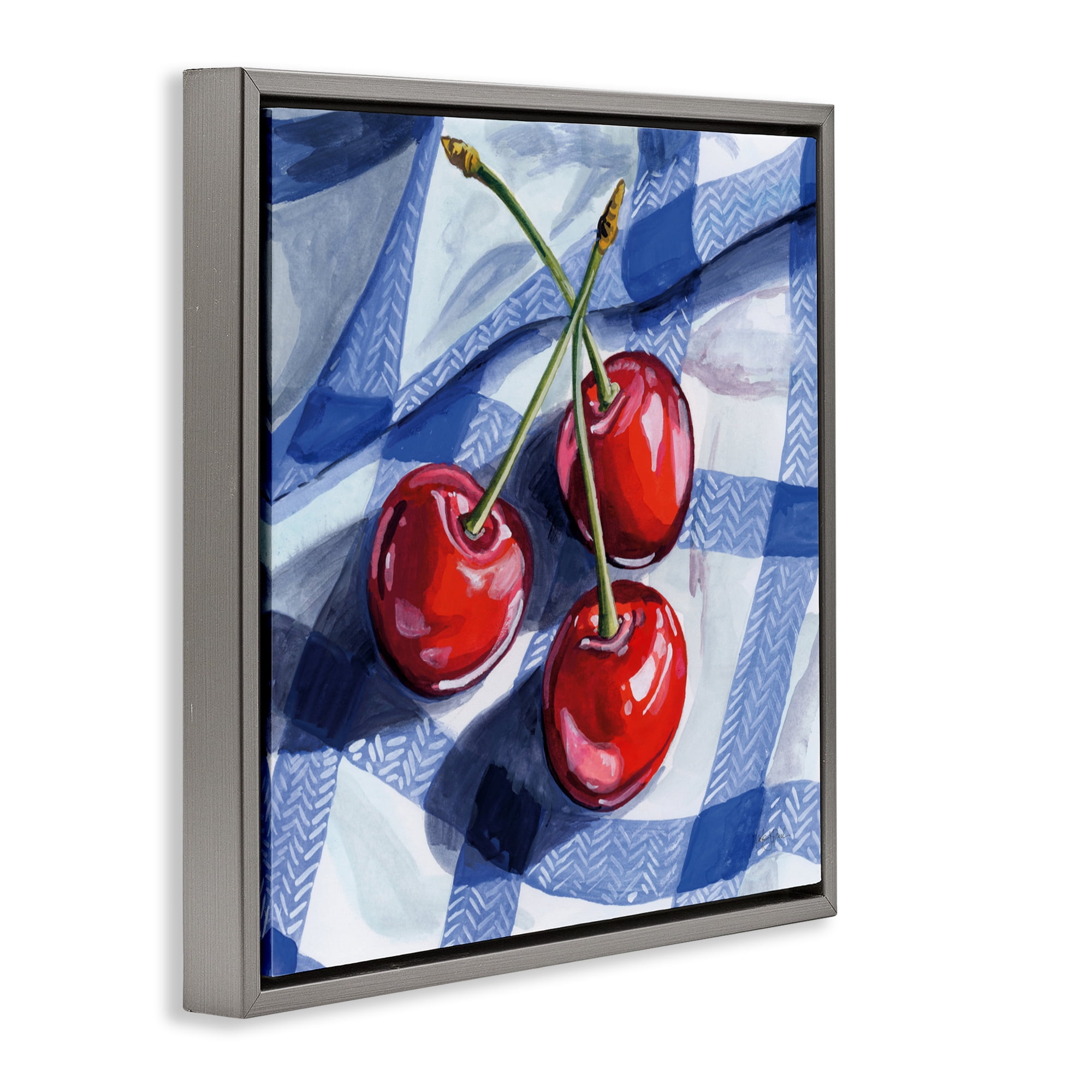 Stupell Industries Three Picnic Cherries on Gingham Gray Framed Floater Canvas Wall Art, design by Kate Jarvik Birch