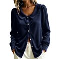 thumbnail image 2 of VJGBEGW Women Velvet Peter Pan Collar Button Down Blouses Long Sleeve oft Velour Shirts Loose Fit Dressy Casual Tops Navy L, 2 of 6