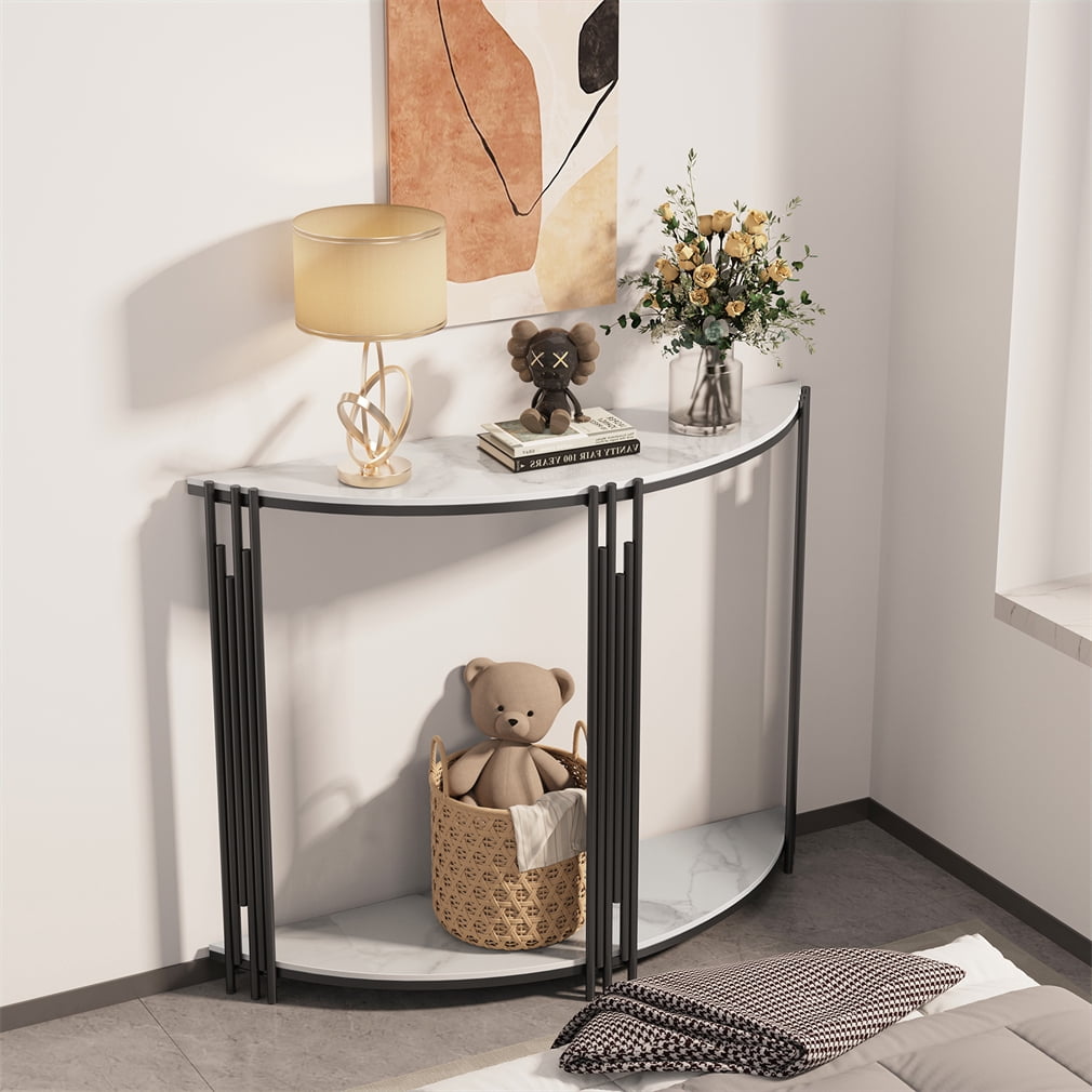 Wisfor Sintered Stone Console Table Entryway Table Black Metal Leg 2 Tier, 39.4x11.8x30.7 inch