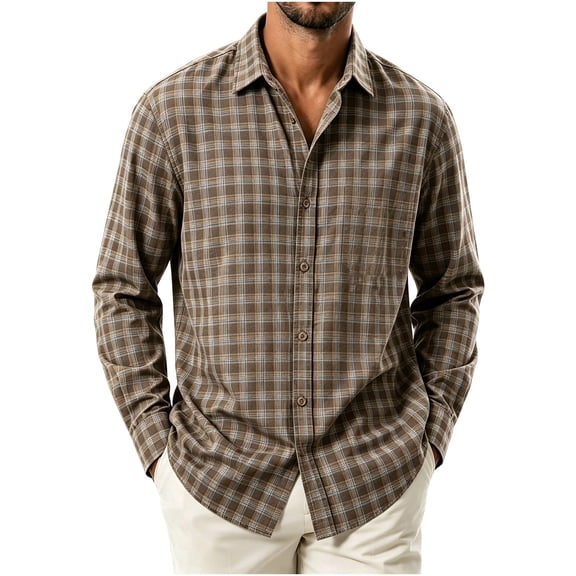 Zenithor Cotton Plaid Button-Up Shirts for Men, Regular Fit Long Sleeve Tops, Outdoors Casual Wear Brown Sizes M-3XL