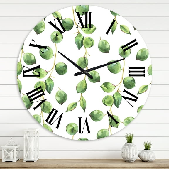 Designart 'Tropical Green Leaves Patern' Tropical Wall Clock