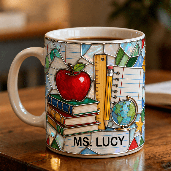 Mug Stained Glass School Supplies Ceramic Coffee Cup for Desk, 5th Grade Teacher