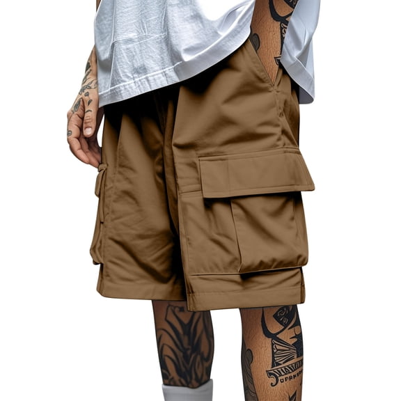 LpwkSSA Men's Solid Color Workwear Shorts Outdoor Casual Multi Pocket Five Quarter Pants Brown M