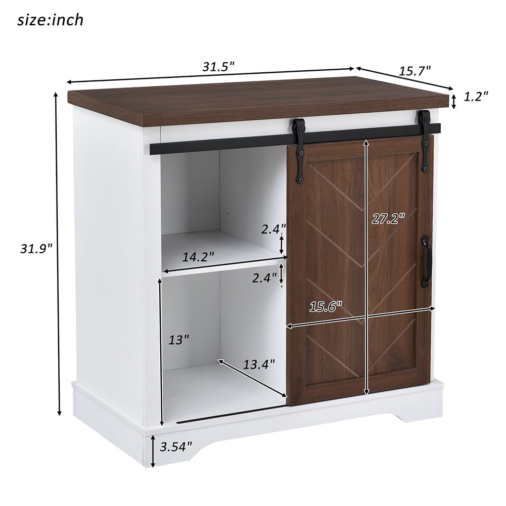 Resenkos Freestanding Bathroom Storage Cabinet,Brown Sliding Barn Door, Thick Top, Adjustable Shelf, White and Brown