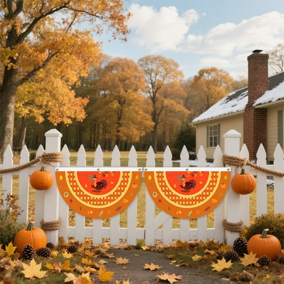 2Pcs Fall Thanksgiving Fan Flag 23.6x47.2 in, Hanging Bunting Flag Banner Seasonal Holiday Flag House Flag Polyester Outdoor Decoration with 3 Brass