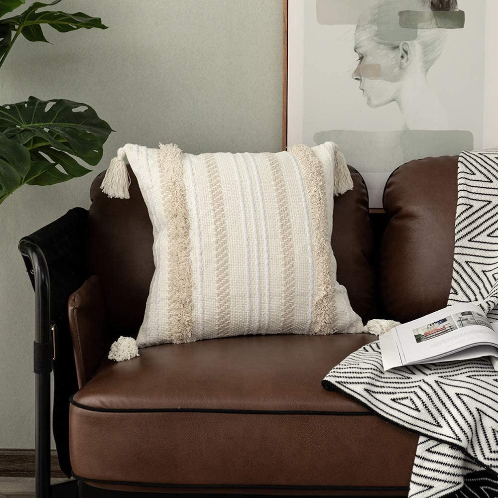 Boho Decorative Throw Pillow Cover, 20 x 20 Farmhouse Cute Pillowcase Minimalist Neutral Collection Cream White Tufted with Tassels Woven Square Cushion Cover for Sofa Couch Bedroom Living Room,1pc