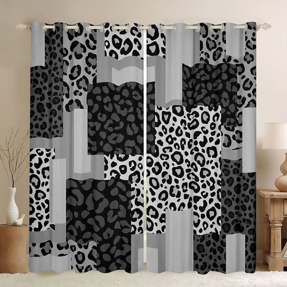 Manfei Leopard Patchwork Kitchen Curtains, Cheetah Print Black Out Curtains Pack of 2 (42x63 Each), Gray and Black