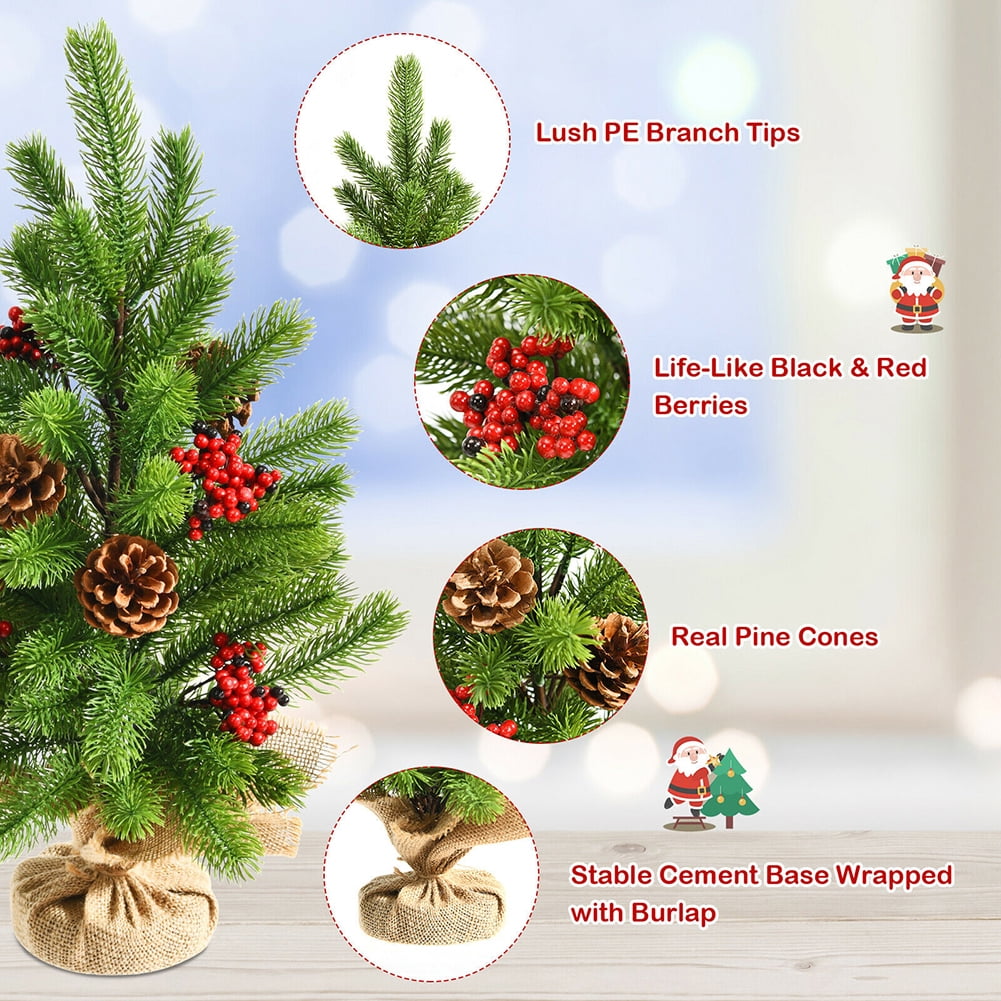 Kepooman 20" Small PE Table Top Christmas Tree with Pine Cones & Red Berries for Home Decor, Green