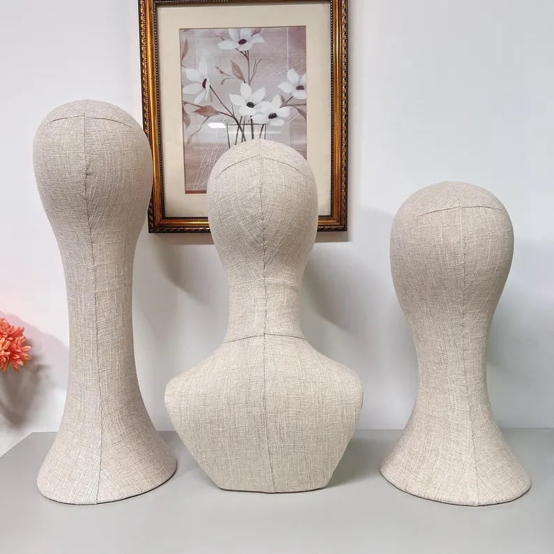 DE-LANG Bamboo Linen Mannequin Head with Long Neck, Pinnable Display for Hats, Wigs, Scarves & Jewelry