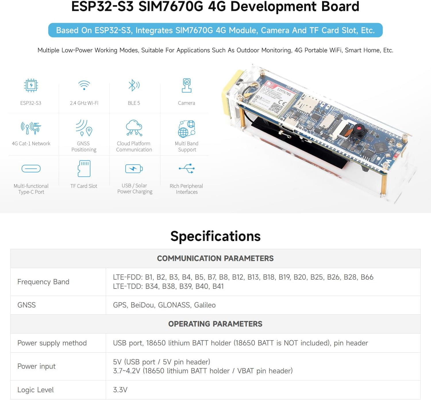 ESP32-S3 SIM7670G 4G Development Board, LTE Cat-1 / WiFi/Bluetooth/GNSS Positioning Support, Global Coverage Multi Band, Suitable for 4G Portable WiFi, Onboard Camera/Antenna