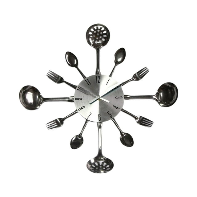 Transemion Kitchen Iron Wall Clock 3D Removable Spoon Clocks Cookware Hanging Ornament Quartz Living Room Hotel Home Decor Silver