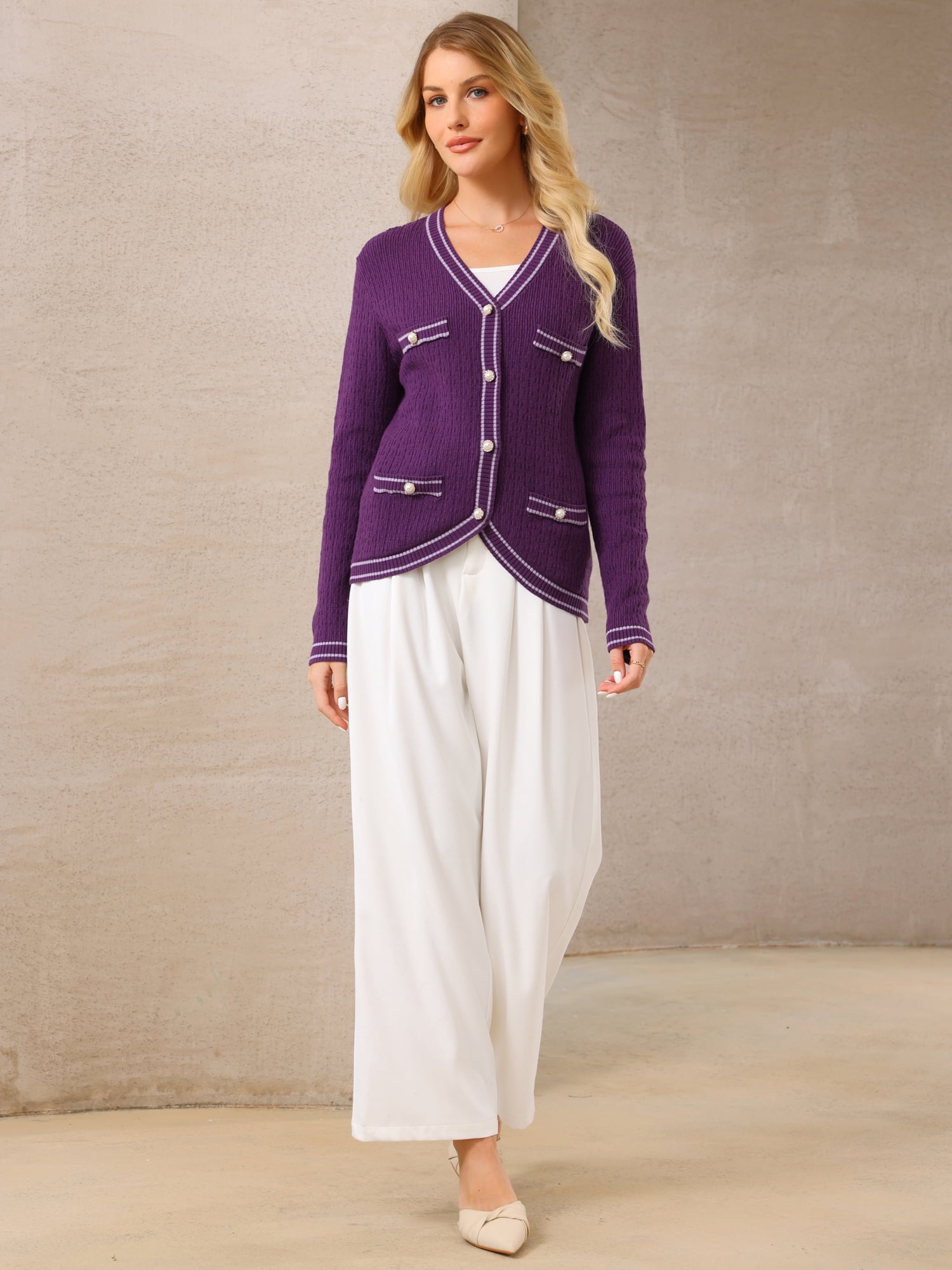 DARING DIVA Women's Contrast Trim Knit Ribbed Cardigan Sweater M Purple
