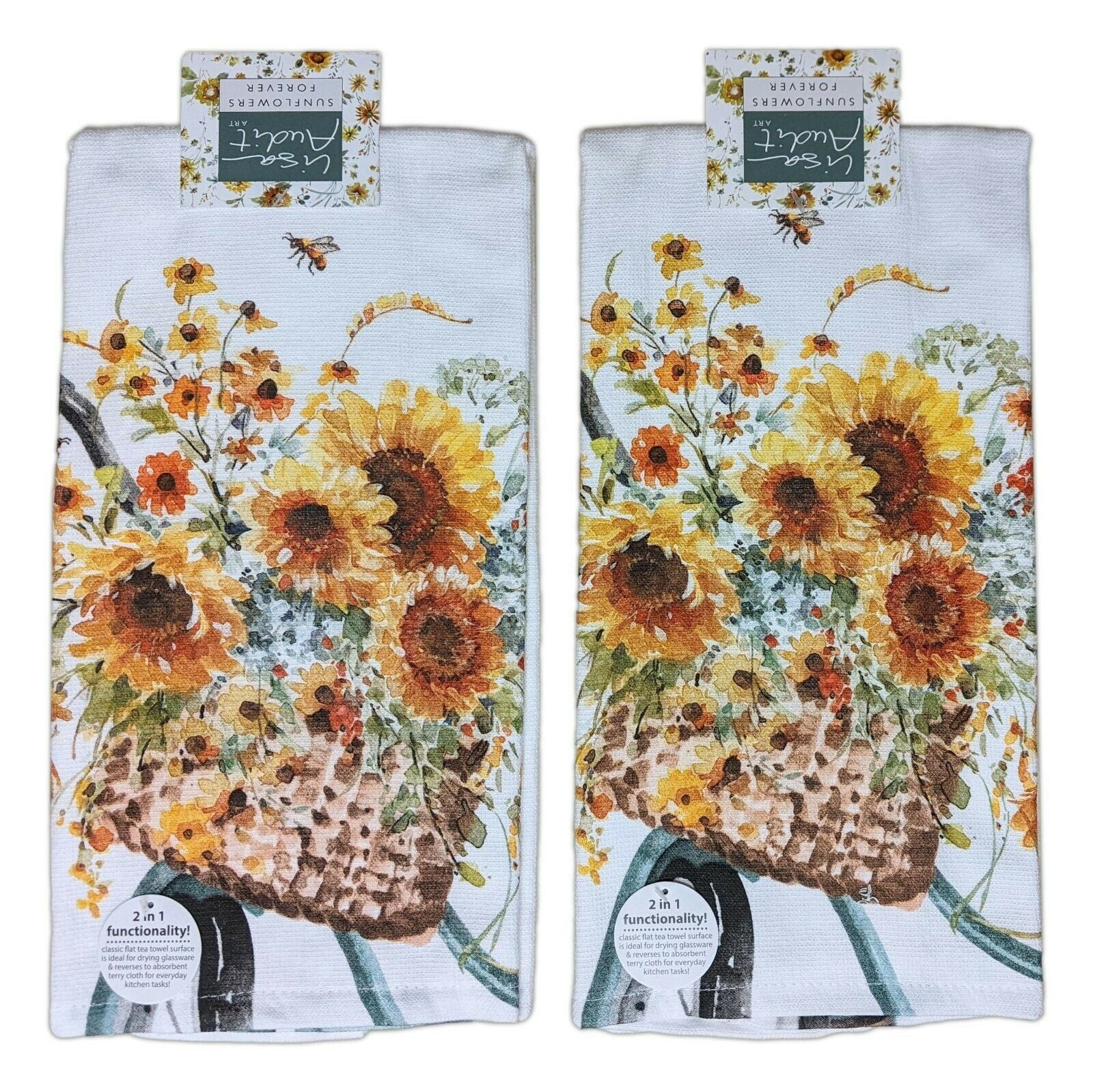 5 pc SAME PRINTED TERRY KITCHEN TOWELS SET 15" x 25" KC SUNFLOWERS & LEAVES 