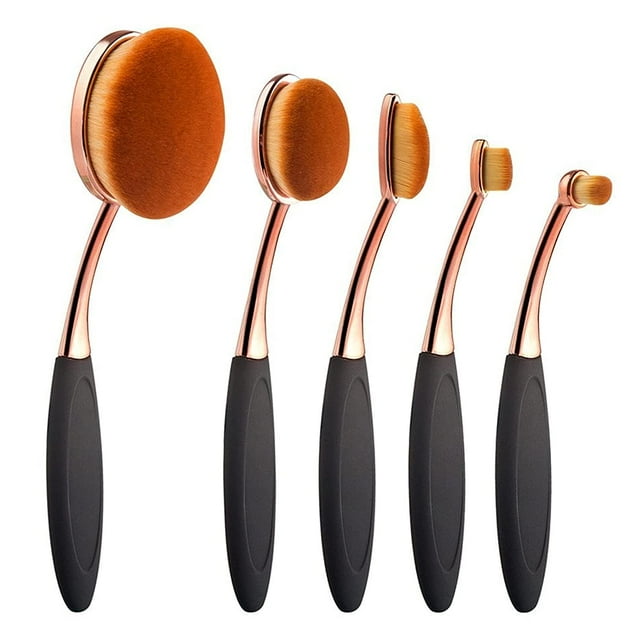 Brocha ovalada para base, 5 piezas, brochas de maquillaje para cepillos de dientes (mango negro, oro rosa)