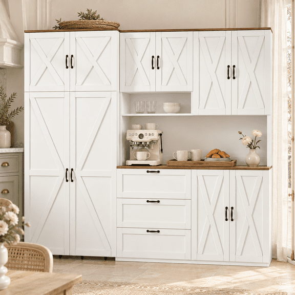 White Farmhouse Tall Pantry Cabinet with LED Lights, Kitchen Pantry Storage Cabinet,Barn Doors and Wood-Tone Countertop, Freestanding Cabinet for Kitchen
