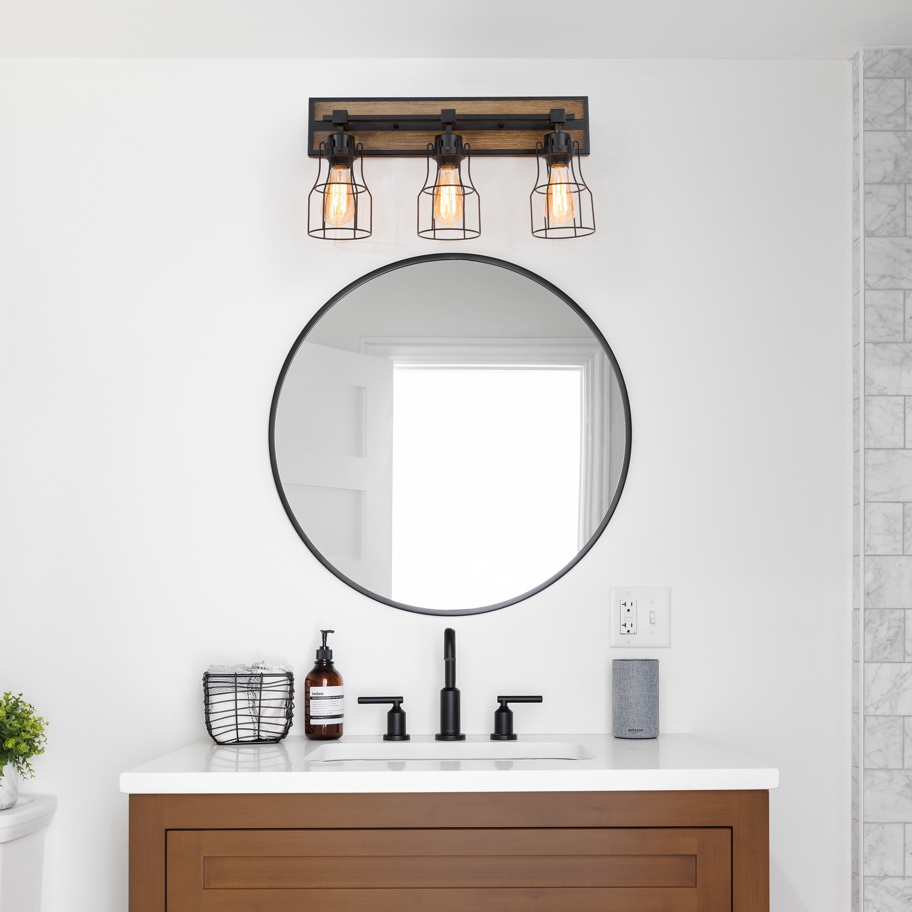 LNC 3-Light Black Geometric Modern Farmhouse Wood Tone Bathroom Vanity Lighting Fixutre