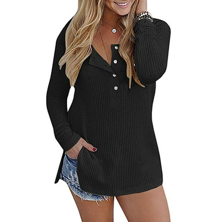 - Womens Henley Sweater Fall Button Down Pullover Knit Long Sleeve Loose Fit Jumper Tops