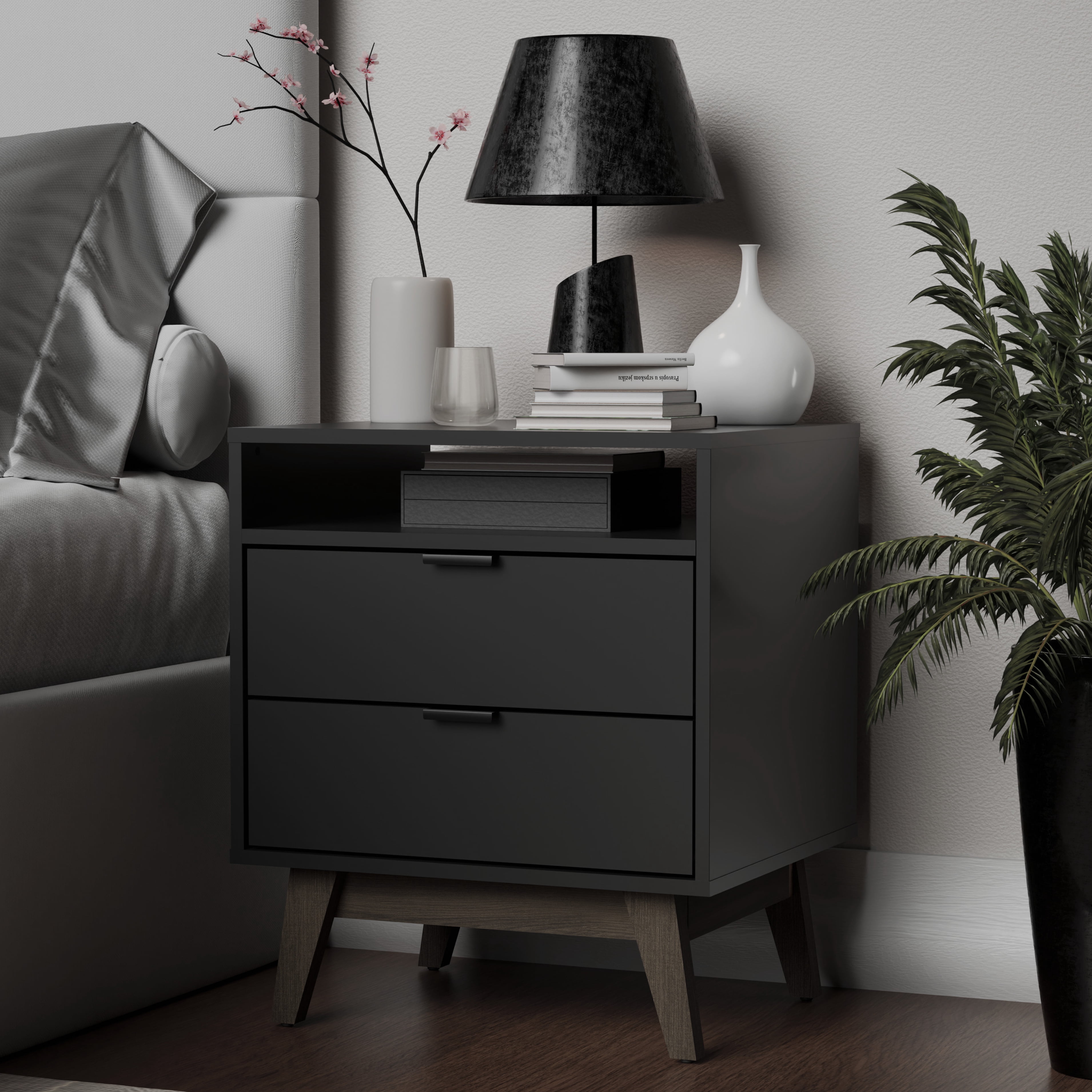 Kappesberg Hanford Black/Walnut 2-Drawer Nightstand with Open Shelf for Adults and Teens