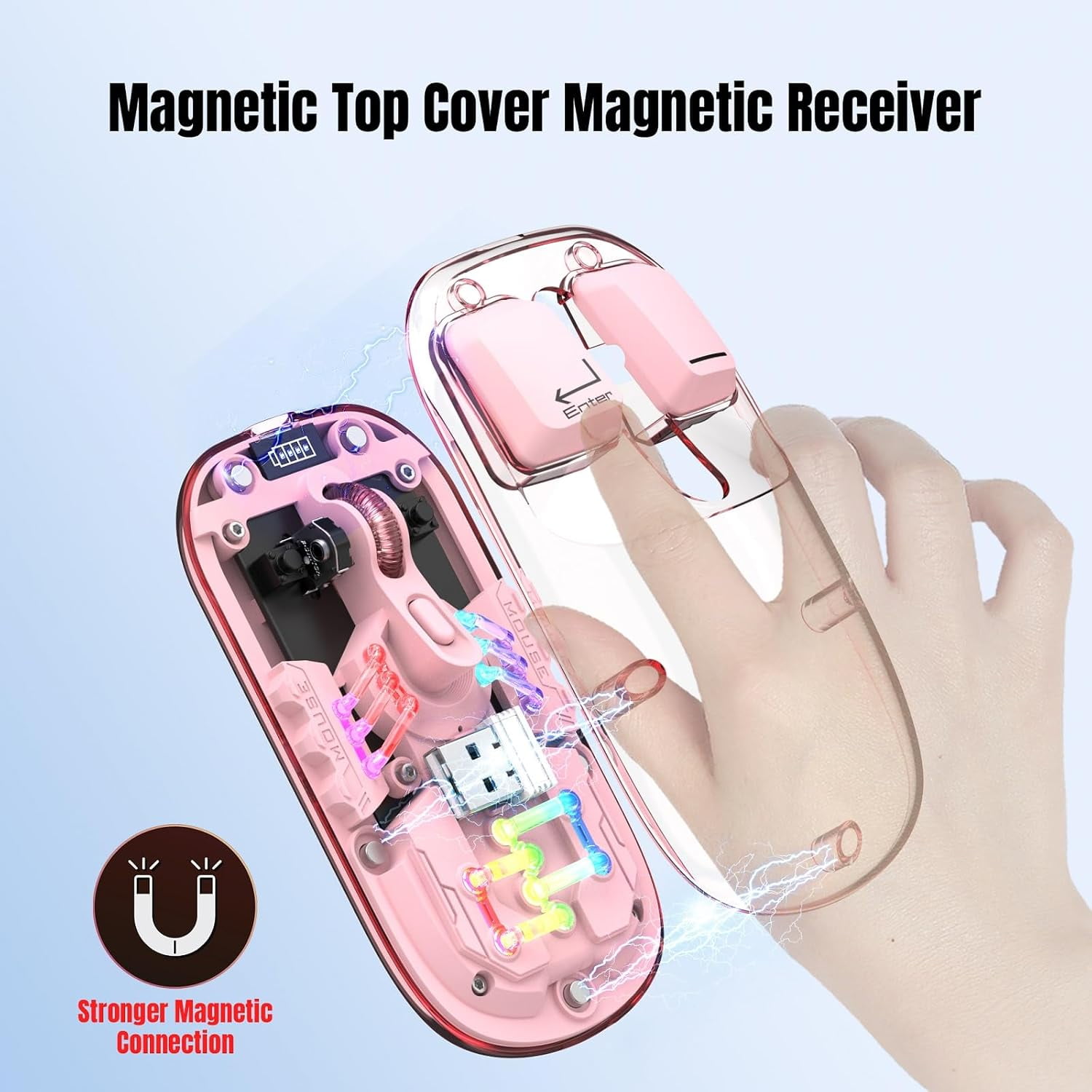 Wireless Bluetooth Gaming Mouse, Transparent Dual-Mode BT 5.0 + 2.4G RGB Mouse, Magnetic Top Cover Rechargeable Silent Mouse for PC Laptop Tablet
