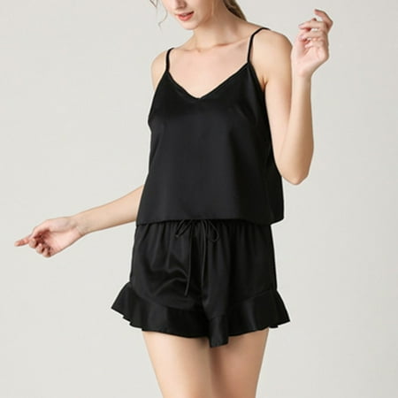 

NECHOLOGY Women S Silk V Neck Halter Shorts Two Piece Fashion Home Wear Set Cute Comfy Outfits Pajamas Black Large
