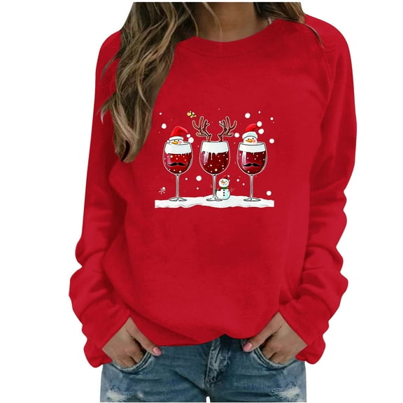 Lorytime Sweatshirt for Women Oversized Christmas Red Wine Glass Print Shirt Crew Neck Long Sleeve Pullover Tops