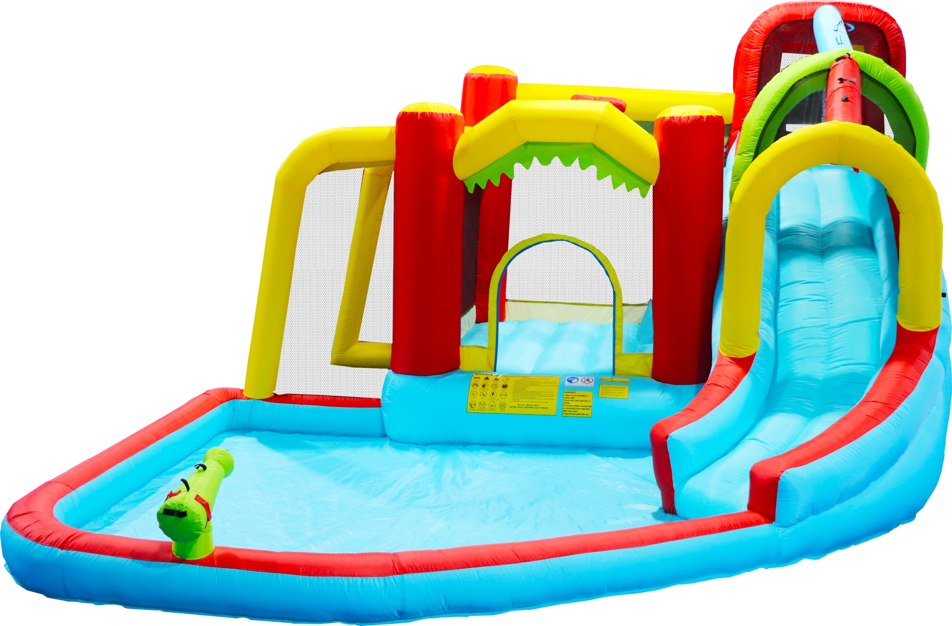 7 in 1 Inflatable Slide Water Park Bouncing House, Outdoor Soccer Garden Bouncer with Splash Pool & Climbing Wall & Basketball & Football, Maximum Weight Capacity is 400lbs