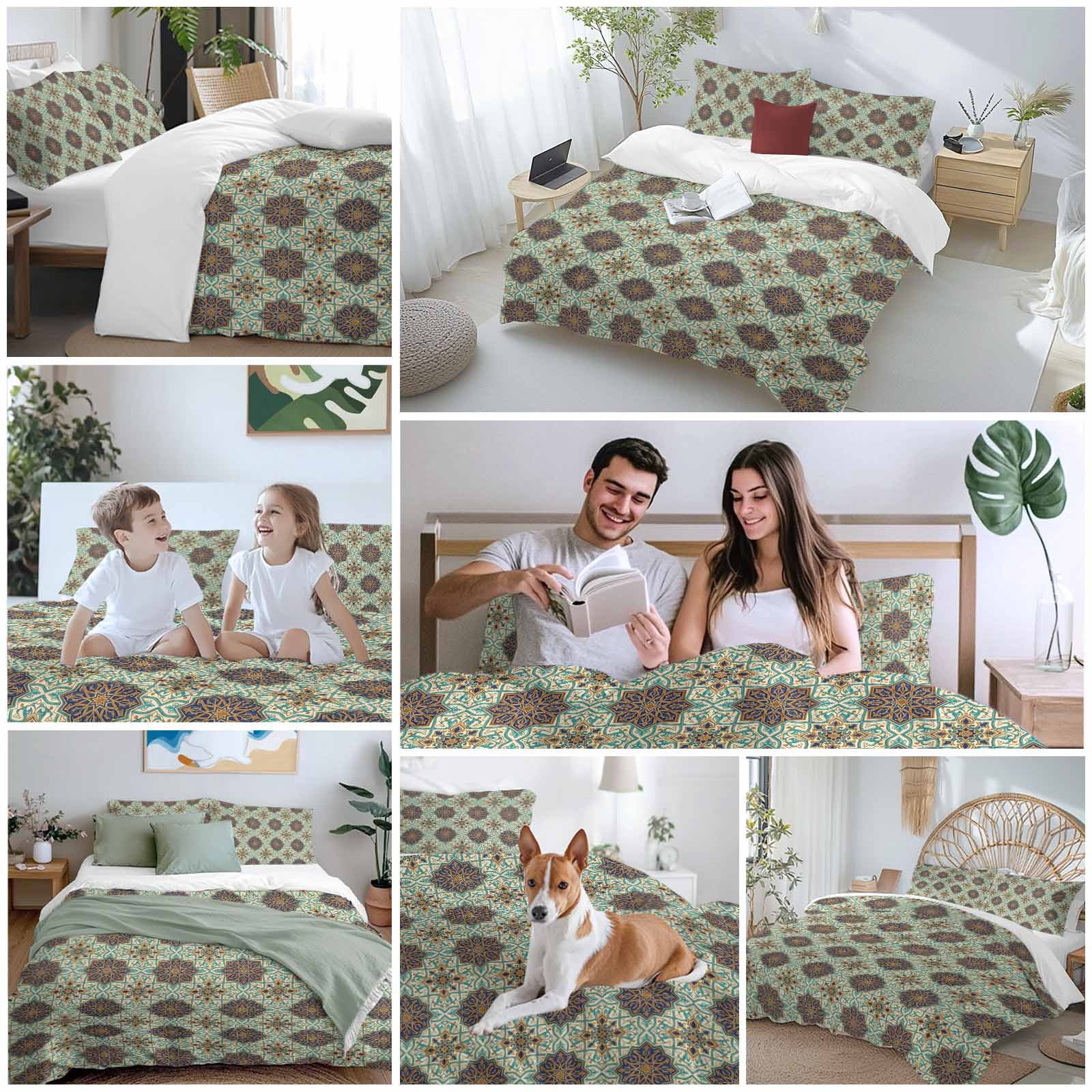 Mediterranean Bedding 3 Piece Duvet Cover Set Full Size, Vintage Morocco Abstract Pattern Brown Green Microfiber Comforter Cover with Zipper Closure & Pillowcases, Wrinkle & FadeResistant Quilt Cover