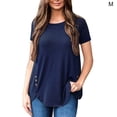 thumbnail image 2 of Femmes T-shirt Couleur Unie Haut Bouton Rond T-shirt Femmes Col Rond Chemisier à Manches Courtes, Bleu Foncé, M, 2 of 5