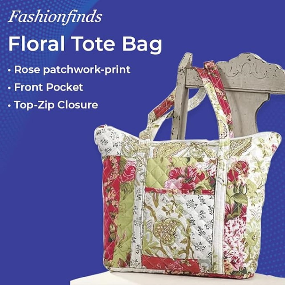 Sagefinds Floral Tote Bag, Patchwork Quilted Shoulder Purse for Women, Top Zip Closure with Pocket