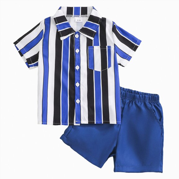 UngA Toddler Boy Clothes Summer Outfit Short Sleeve Button Down Collared Shirt Little Boy Shorts Set Cotton Clothes for Boys (Blue,6-7 Years)