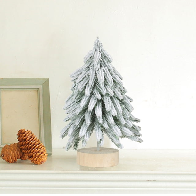 Xihbxyly Mini Árbol de Navidad, Decoración de Mesa Blanca, Tamaño Compacto con Base de Madera, Decoración Festiva, Multiusos para Escritorio o Repisa, Material de Pvc, 19-29 Cm de Alto.