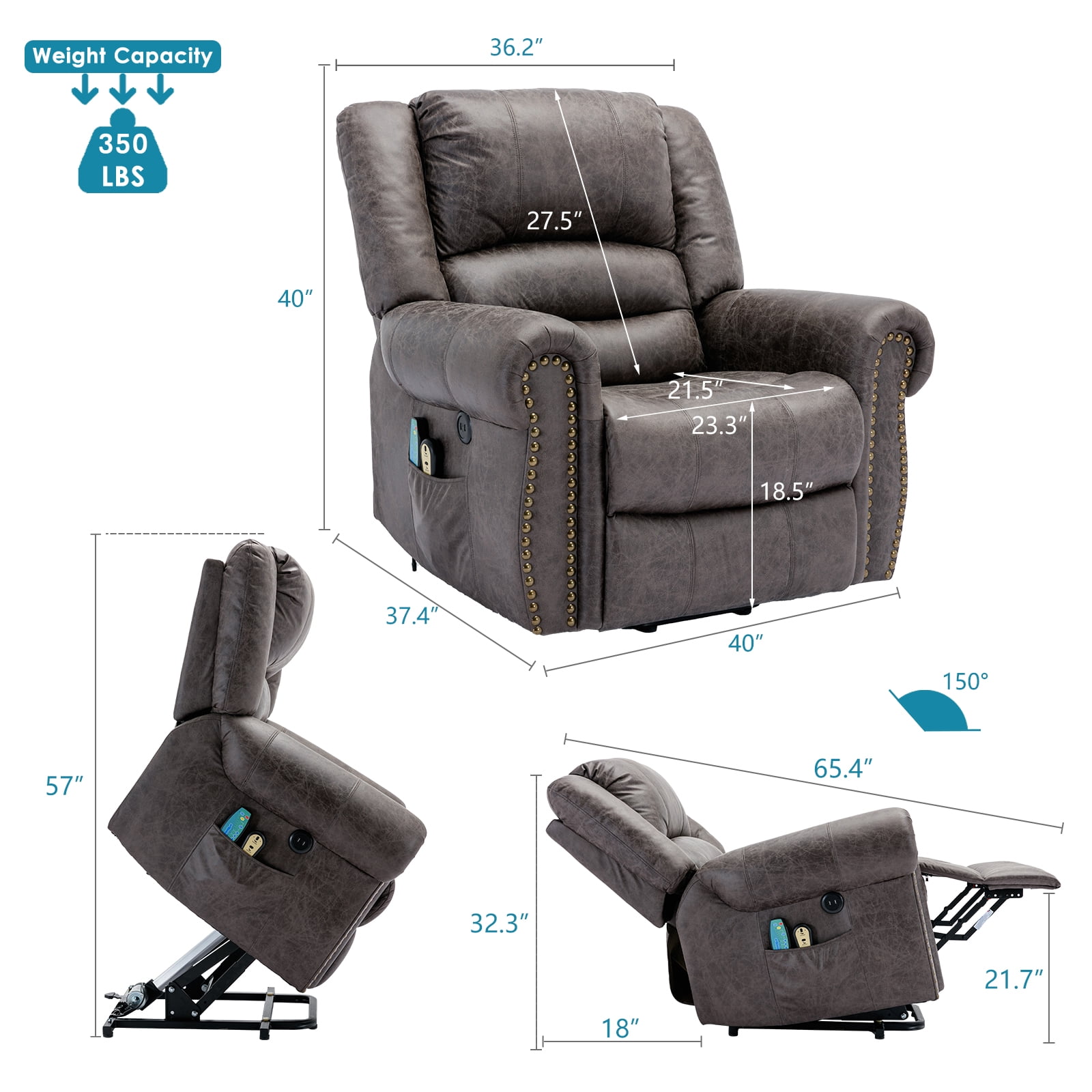 OUINCH Electric Power Lift Recliner Chair with Massage and Heat for Elderly, 2 Remote Controls, 2 Side Pockets, and USB Ports (Grey)