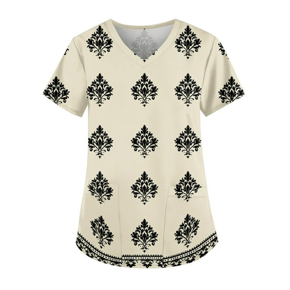 Women'S Scrubs, Plus Size Printed Working Uniform Tops V Neck Short Sleeve Tshirts Workwear Tee With Pockets Scrubs Sets For Women Red White And Royal Blue Outfit Tank Tops (3XL, Beige) ZMTing